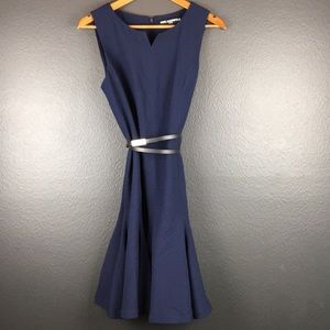 Karl Lagerfeld Paris Navy Blue Belted Flare Dress 10